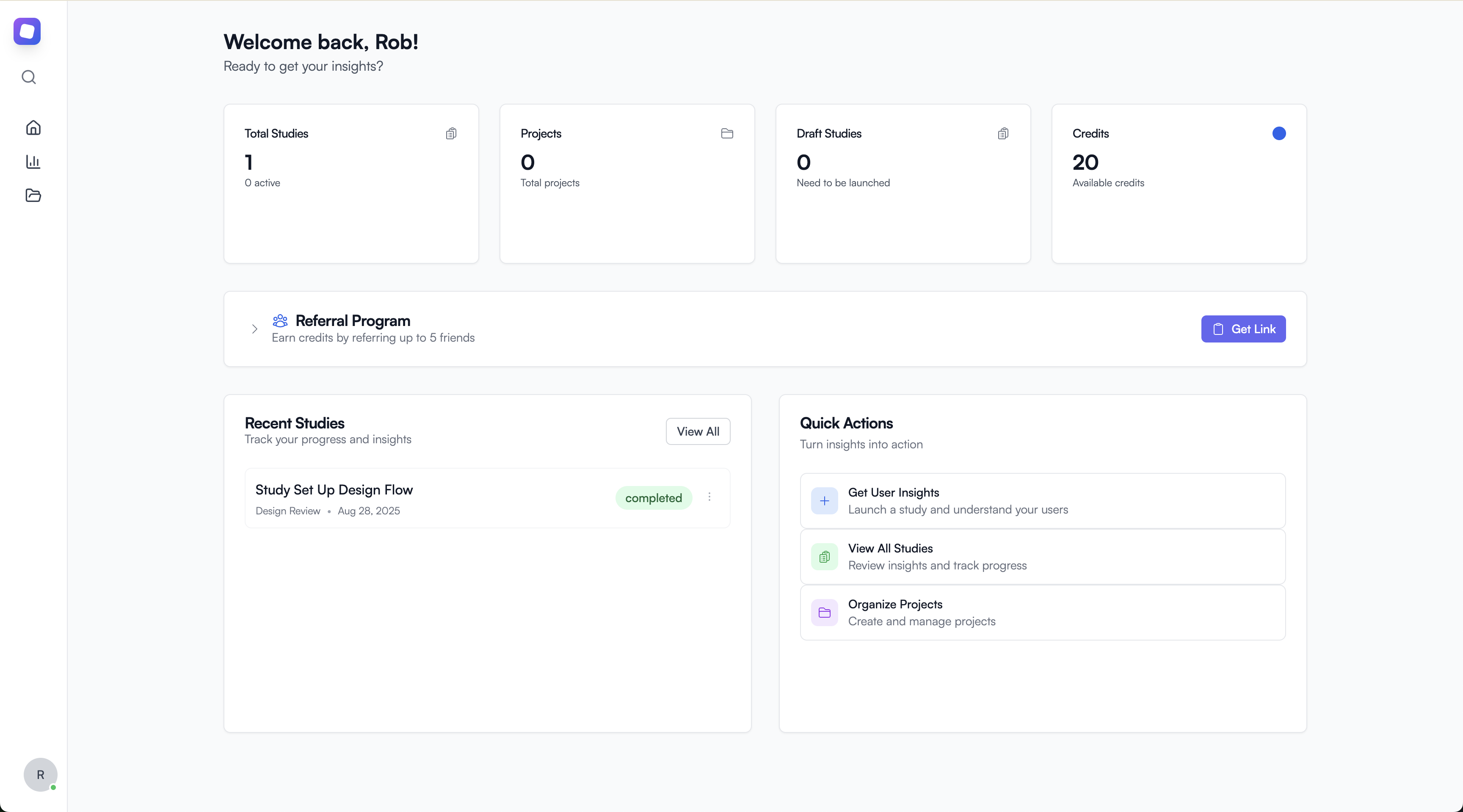 Real dashboard showing study overview with metrics, recent studies, and quick actions