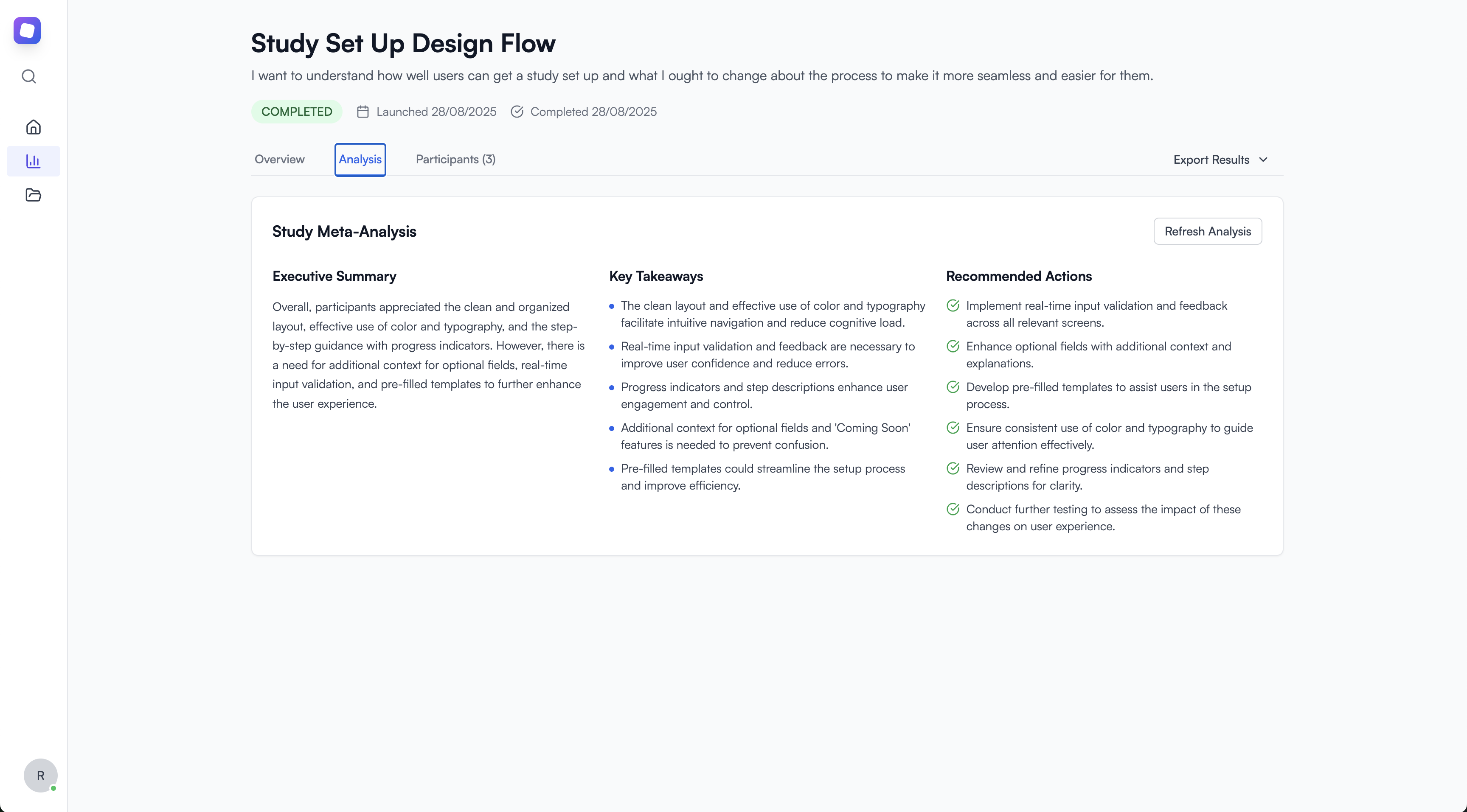 Study insights dashboard showing AI-generated analysis, key findings, and actionable recommendations