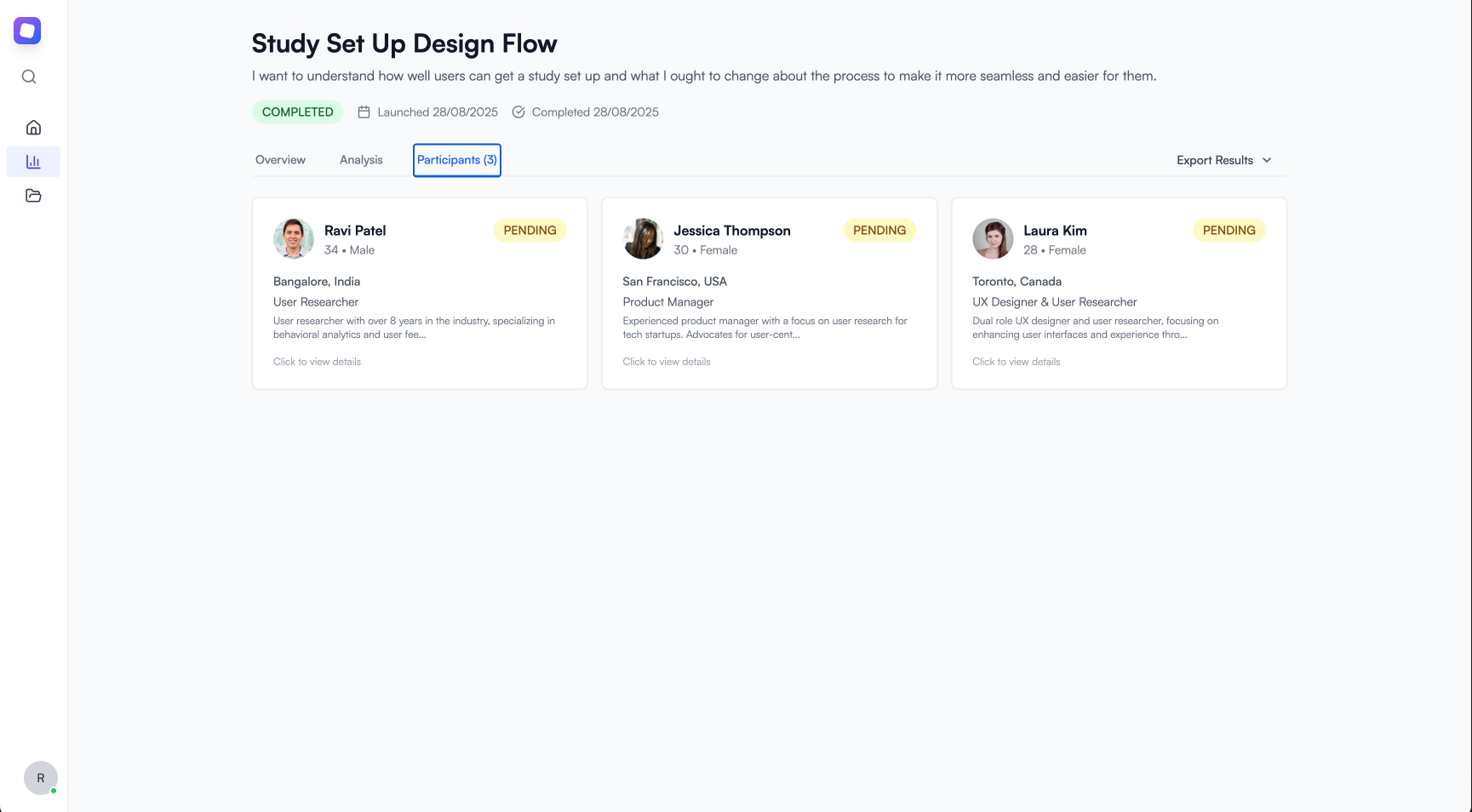 AI participant generation interface showing diverse user personas with detailed backgrounds and motivations