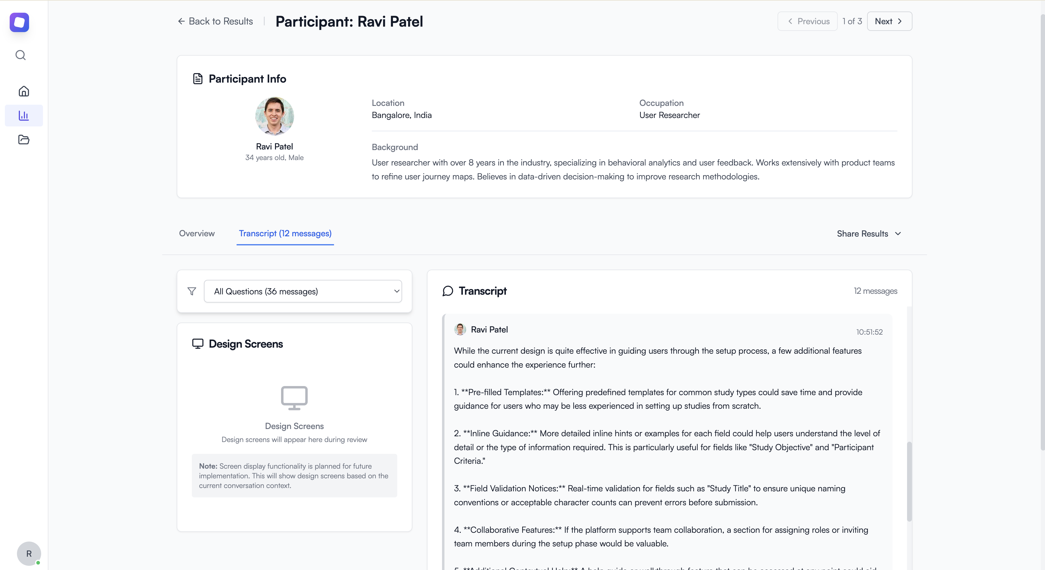 AI interview transcript showing natural conversation with participant insights and system analysis